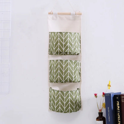 1PC Three Pockets Hanging Wall Storage Bag Household Bedroom Living Room Kitchen Cotton Linen Storage Bag