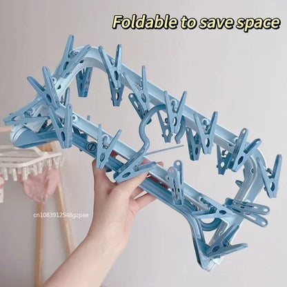 32 Clips Folding Clothes Dryer Hanger Windproof Socks Underwear Drying Rack Household Children Adults Storage Laundry Rack
