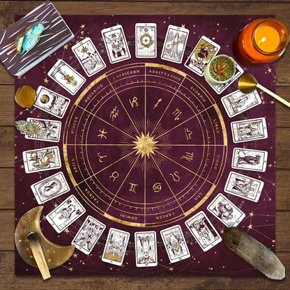 1pc Tarot Card Tablecloth, 12 Zodiac Card Game, Fortune Telling Card Mat, Board Game Cloth Mat, Board Game Decoration Tablecloth
