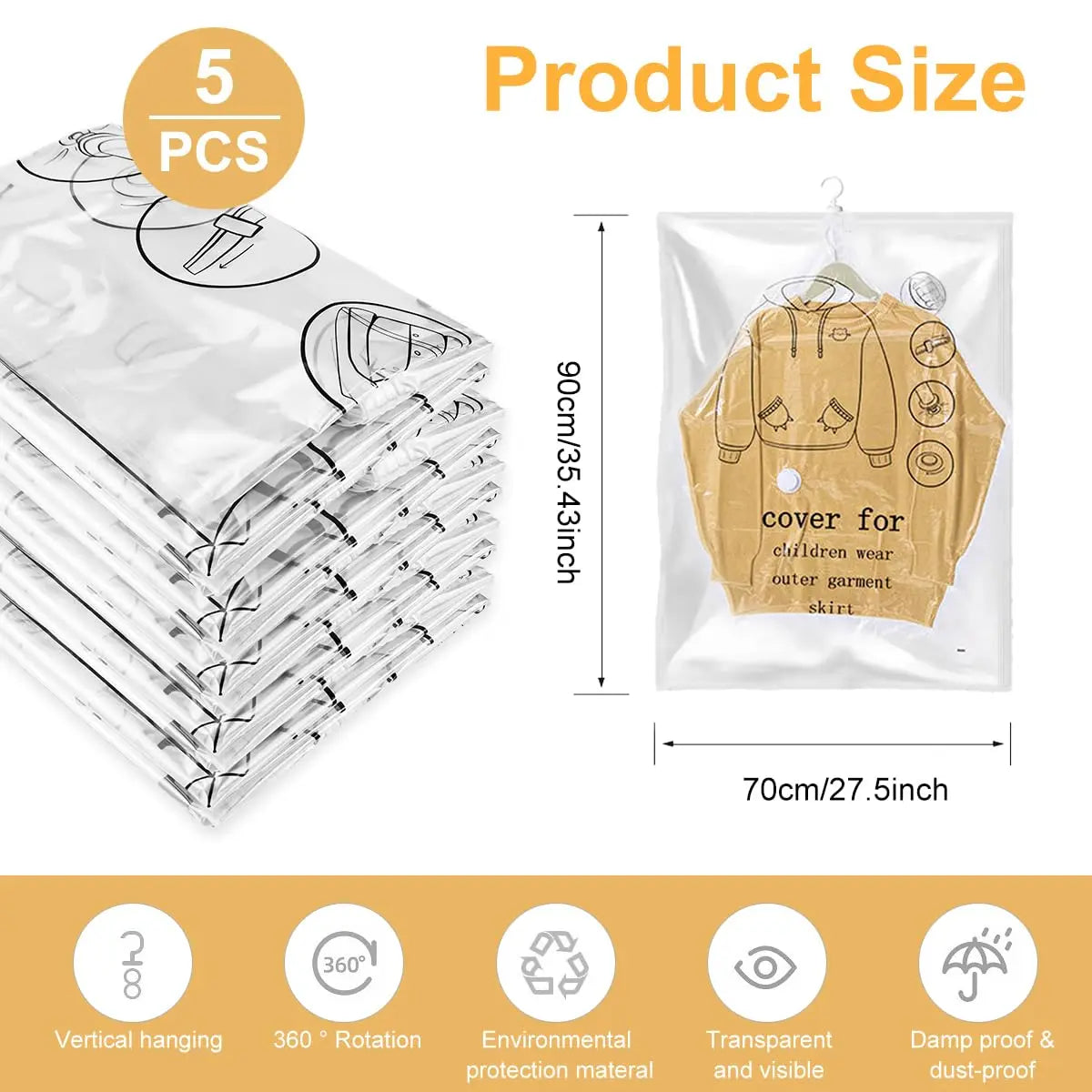 Hanging Vacuum Space Saver Bags Closet Organizer Storage Bags, Vacuum Seal Clear Bags for Clothes, Suits, Dress Or Jacke