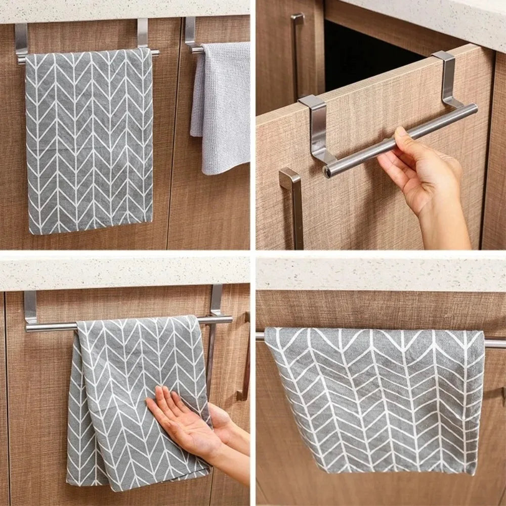 Stainless Steel Towel Rod, No Punched Door Hanging Towel Rack, Bathroom and Kitchen Towel Storage, Durable Space-saving Rack