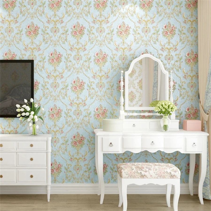 European wallpaper self-adhesive pastoral flower luxury wall stickers self-adhesive bedroom living room home background wall wal