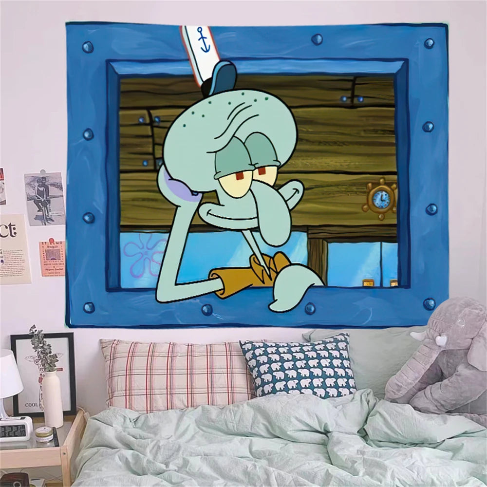 SpongeBob Squidward Cartoon Decoration Background Hanging Cloth Bedroom Tapestry Room Decor Festival Party Tapestry Wall Hanging