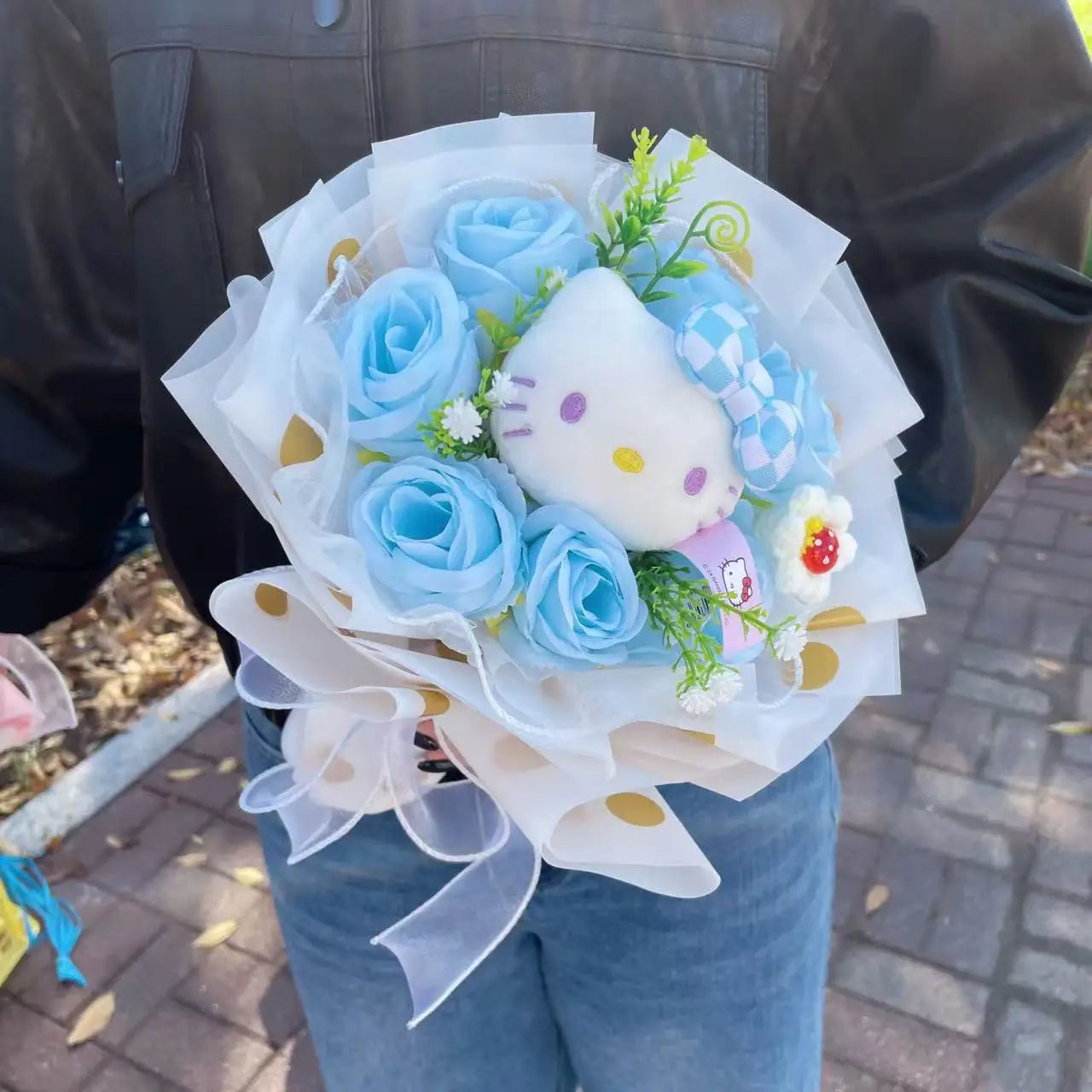 Kawaii Hello Kitty Cat Dolls With Artificial Flowers Creative Bouquet Christmas Valentine Birthday Graduation Gifts