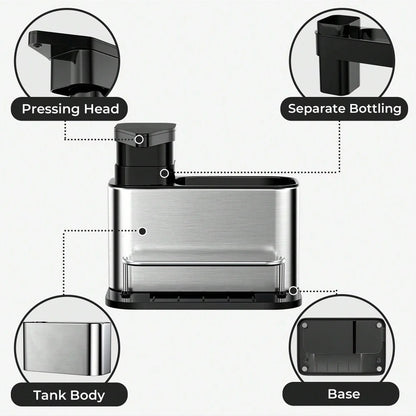 3-in-1 Kitchen Stainless Steel Tableware Soap Dispenser, Sponge Holder, Sink Organizer Drain Rack, Suitable for Kitchen Sinks