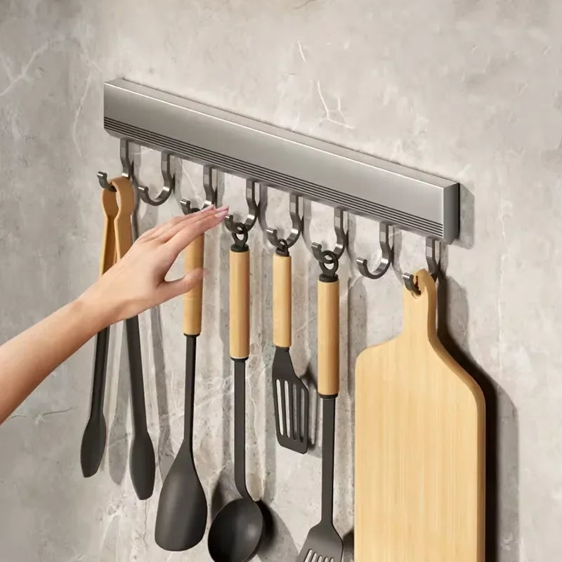 Kitchen HookRack - Wall-Mounted Without Drilling - Space Aluminum Multi-Functional Storage Hooks