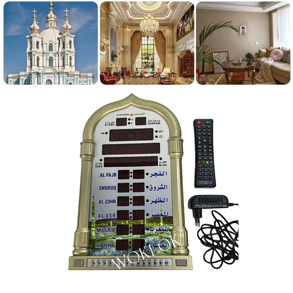 12V Azan Mosque Calendar Muslim Prayer Wall Clock Alarm Islamic Mosque Azan Calendar Ramadan Home Decor with Remote Control