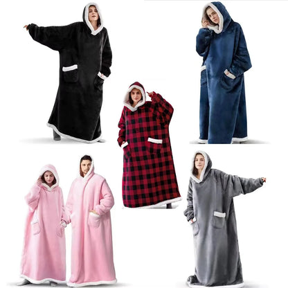 150/180cm Winter Thick Blanket Extra Plush Hoodie Lengthened Large Pocket Imitation Cashmere Home Coat Fleece TV Blanket 1pc