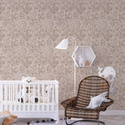 Forest Life wallpaper wallpaper. Beige Wallpaper with animals in forest style with Rabbit and little prairie dog