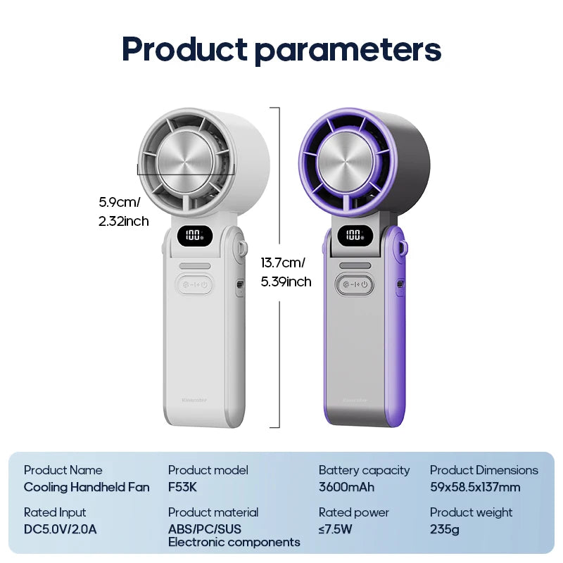 KINSCOTER Outdoor Foldable Portable Handheld Fan Mini Cooling Rechargeable 3600mAh 100-level Free Control High Speed Turbo Fan