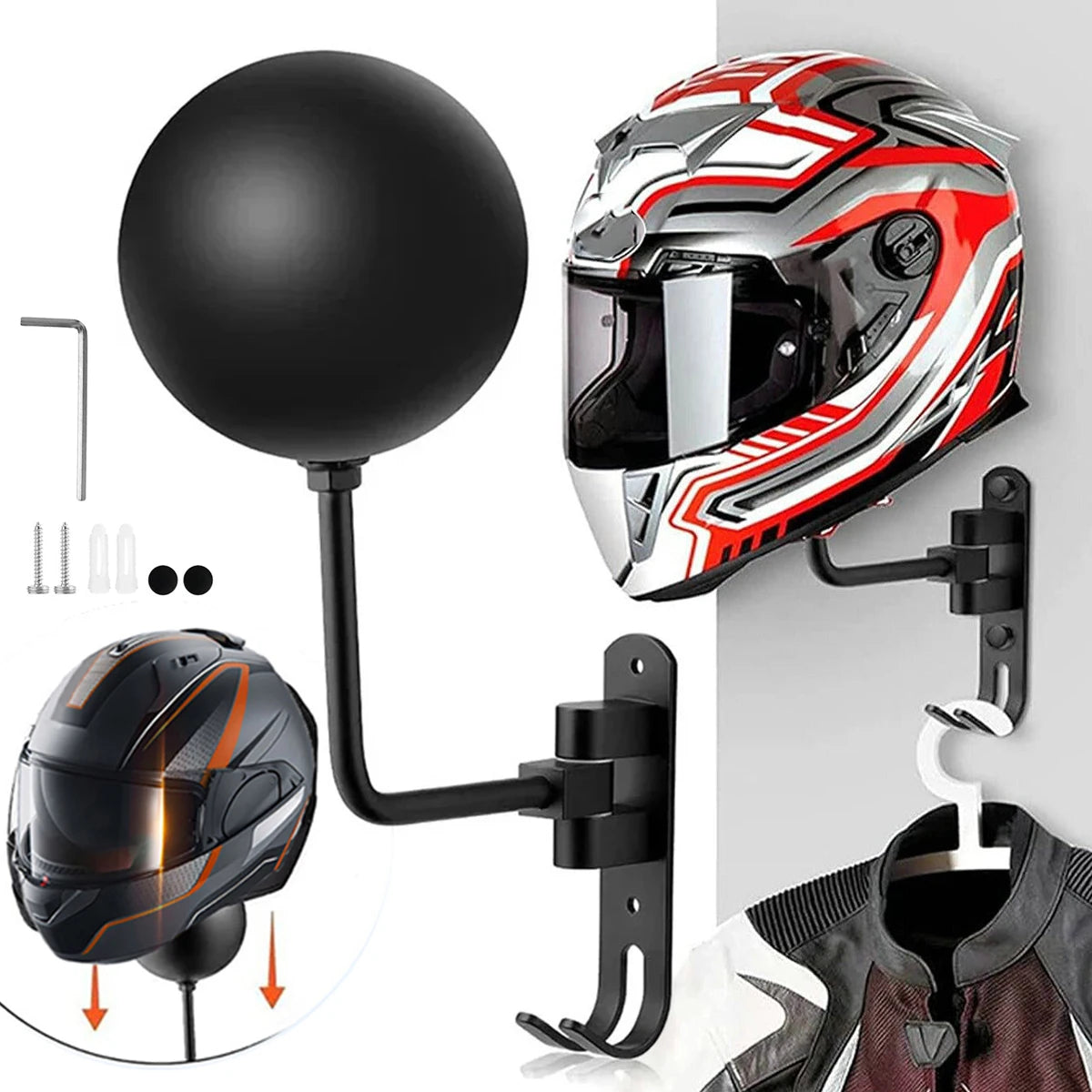 Wall Mount Motorcycle Helmet Holder 180°Rotation Football Bicycle Helmet Rack Helmet Display Hanger Stand for Caps With 2 Hooks