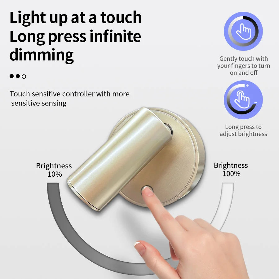 LED light magnetic USB Rechargeable Wall Light Spotlight Wireless No Punch Reading Light With Touch Switch Dimmable Bedside Lamp