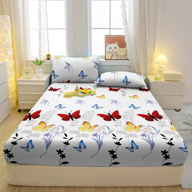 1 Simple Modern Butterfly Printed Matte Fitted Sheet, Bedroom Printed Bed Cover, Bedding (Excluding Pillowcases)
