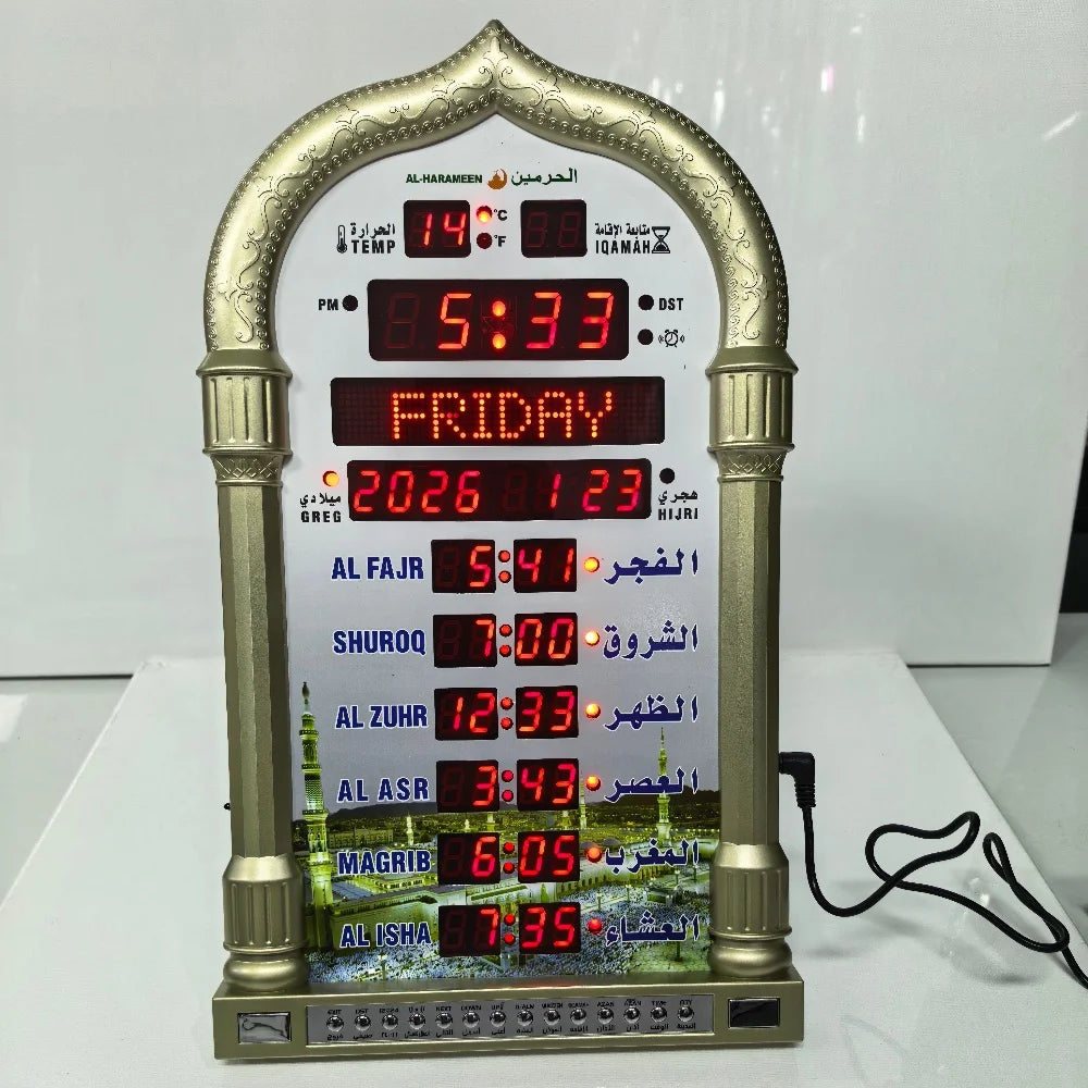 12V Azan Mosque Calendar Muslim Prayer Wall Clock Alarm Islamic Mosque Azan Calendar Ramadan Home Decor with Remote Control