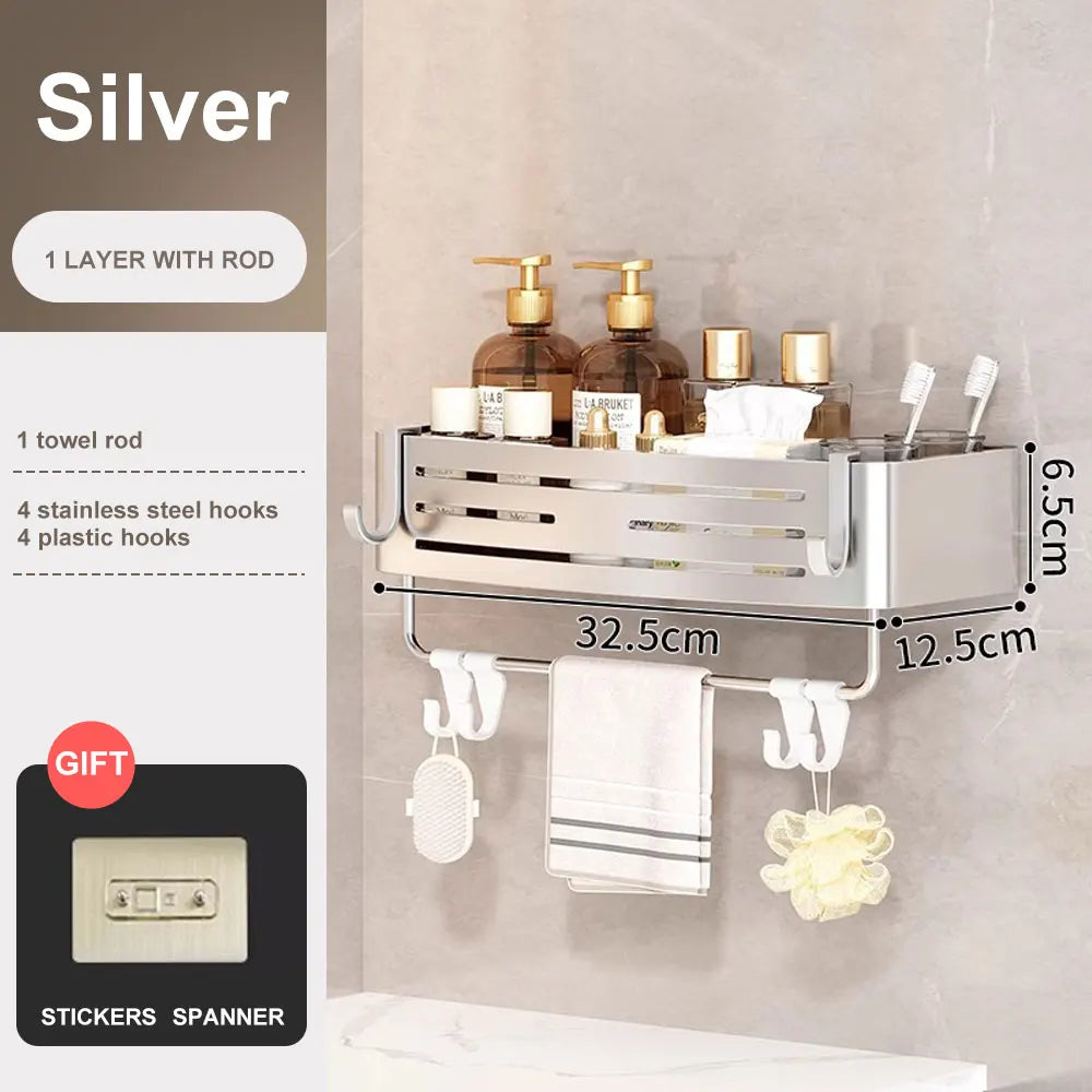 1-2PCS Bathroom Corner Shelf with Plastic Hook Towel Bar No Drill Space Aluminum Shower Storage Rack Bathroom Organizer