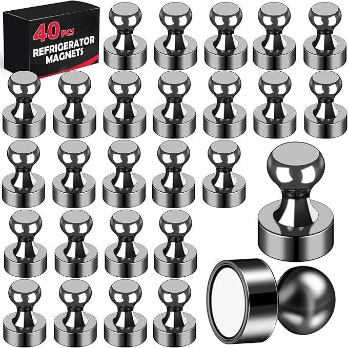 Black Neodymium Magnetic Push Pins - Strong Refrigerator & Whiteboard Magnets for Office, Kitchen & Map Use