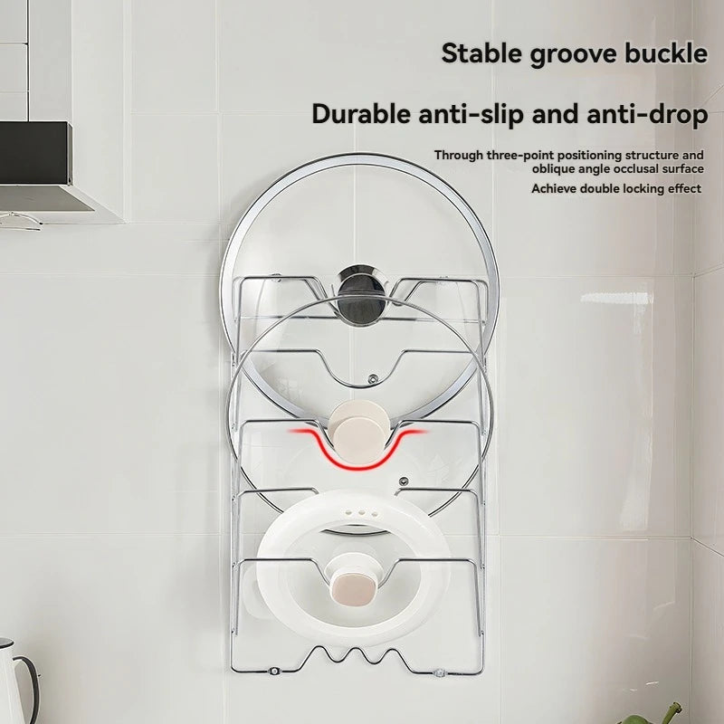 Wall Mounted Pot Lid Rack Multi-Functional Kitchen Storage Holder Perforated 5 Layers for Household Use