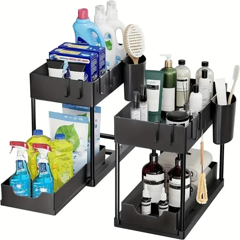 2-Tier Sliding Under Sink Organizer - Cabinet Basket Storage Rack with Hooks and Hanging Cup for Kitchen and Bathroom