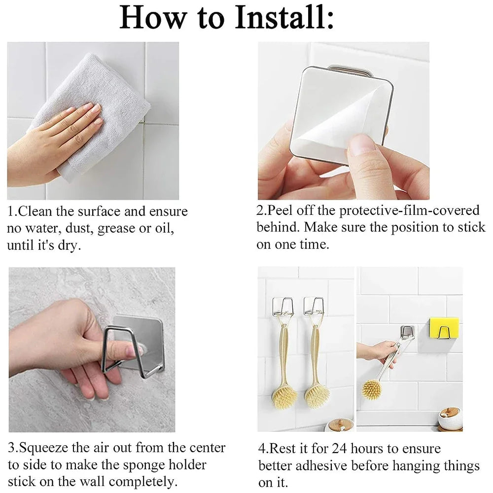 2PCS Stainless Steel Sink Sponge Holder Self Adhesive Drain Drying Rack Wall Hooks Accessories Storage Organizer