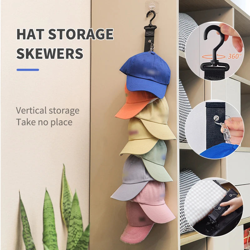 Rotating Hanging Rope Organizer - No Drill Closet Hat Rack for Dorm, Vertical Space Saver with 8 Hooks