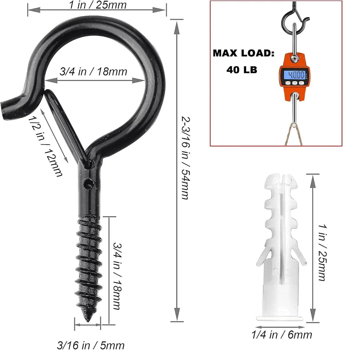 20 Pack Screw Hooks for Hanging Plants / String Lights, Heavy Duty 2.2 Inch Black Eye Hook Screw Cup Ceiling Hook Q-Hanger