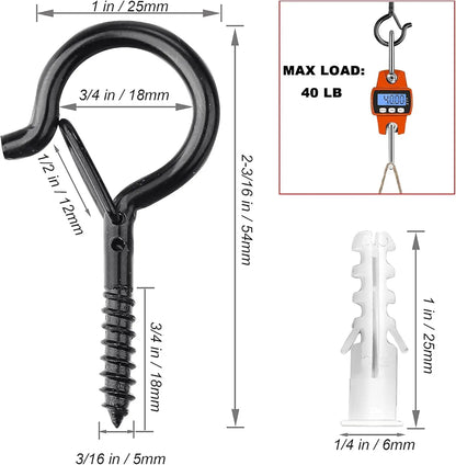 20 Pack Screw Hooks for Hanging Plants / String Lights, Heavy Duty 2.2 Inch Black Eye Hook Screw Cup Ceiling Hook Q-Hanger