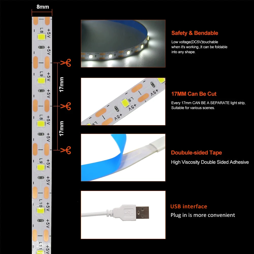 5V Black USB LED Strip Light SMD 2835 Warm White Red Yellow Blue Flexible Lighting Ribbon TV Background Tape Home Decor Lamp