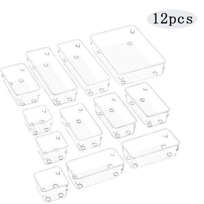 10-Piece Versatile Drawer Organizer Set - Clear Plastic Trays and Dividers in 4 Sizes for Perfect Makeup and Kitchen Storage