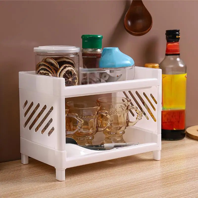 1PC PP Desktop Double Layer Storage Rack Rectangular White Organizing Student Desk Office Cosmetics Stationery