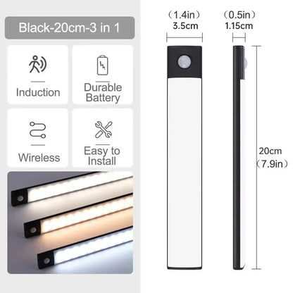 10-60cm Ultra-Thin Motion Sensor Light Magnetic Mount USB Rechargeable 3-Color Adjustment Under Cabinet Light for Home Office