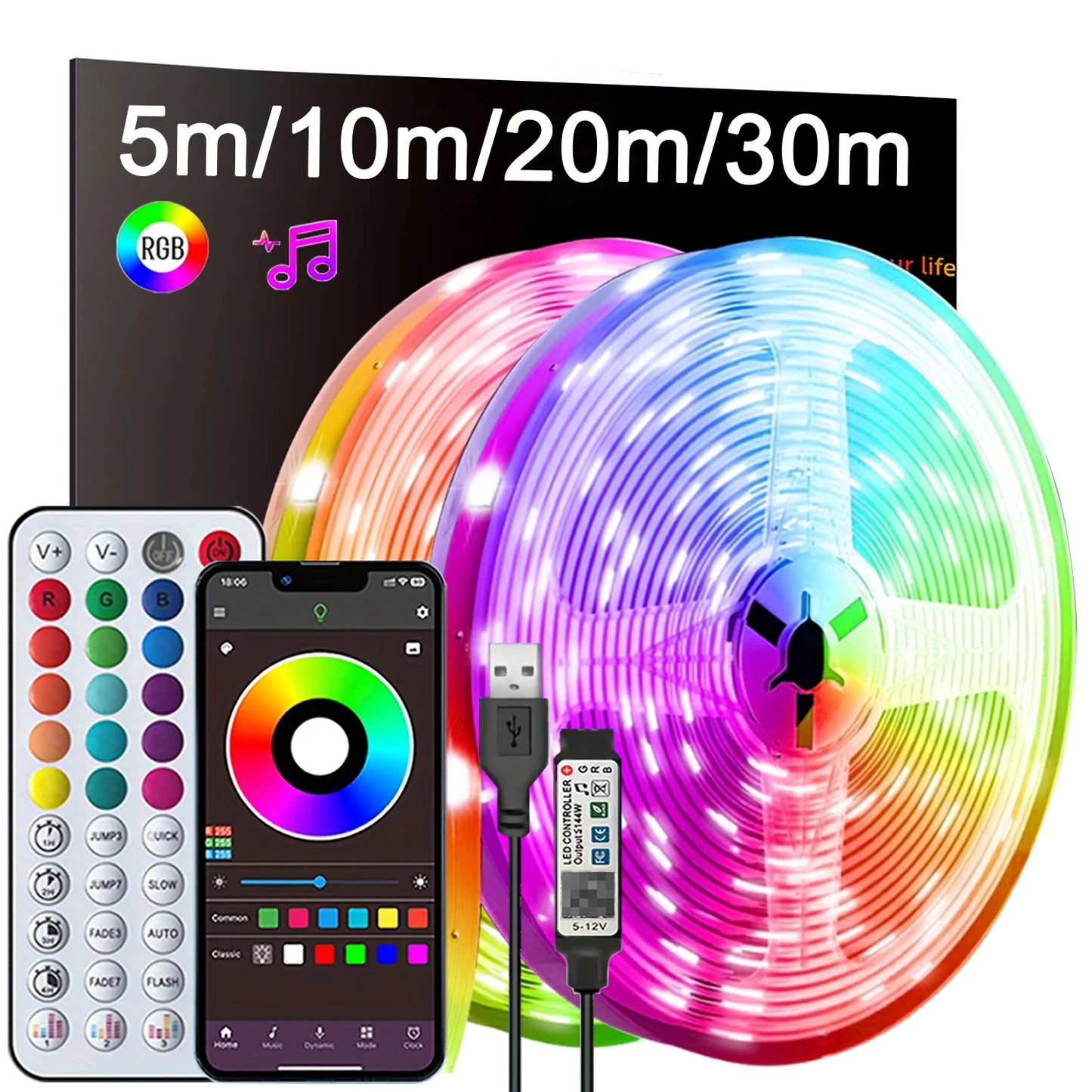 RGB Led Strip Lights for Room 1M 5M 10M 20M 30M USB 5V Music Sync APP Control Led Tape FLexible Ribbon for Bedroom Home Decor