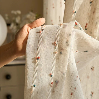 Retro linen-textured sheer curtains with colorful jelly bean pattern, easy to hang, suitable for bedroom and living room