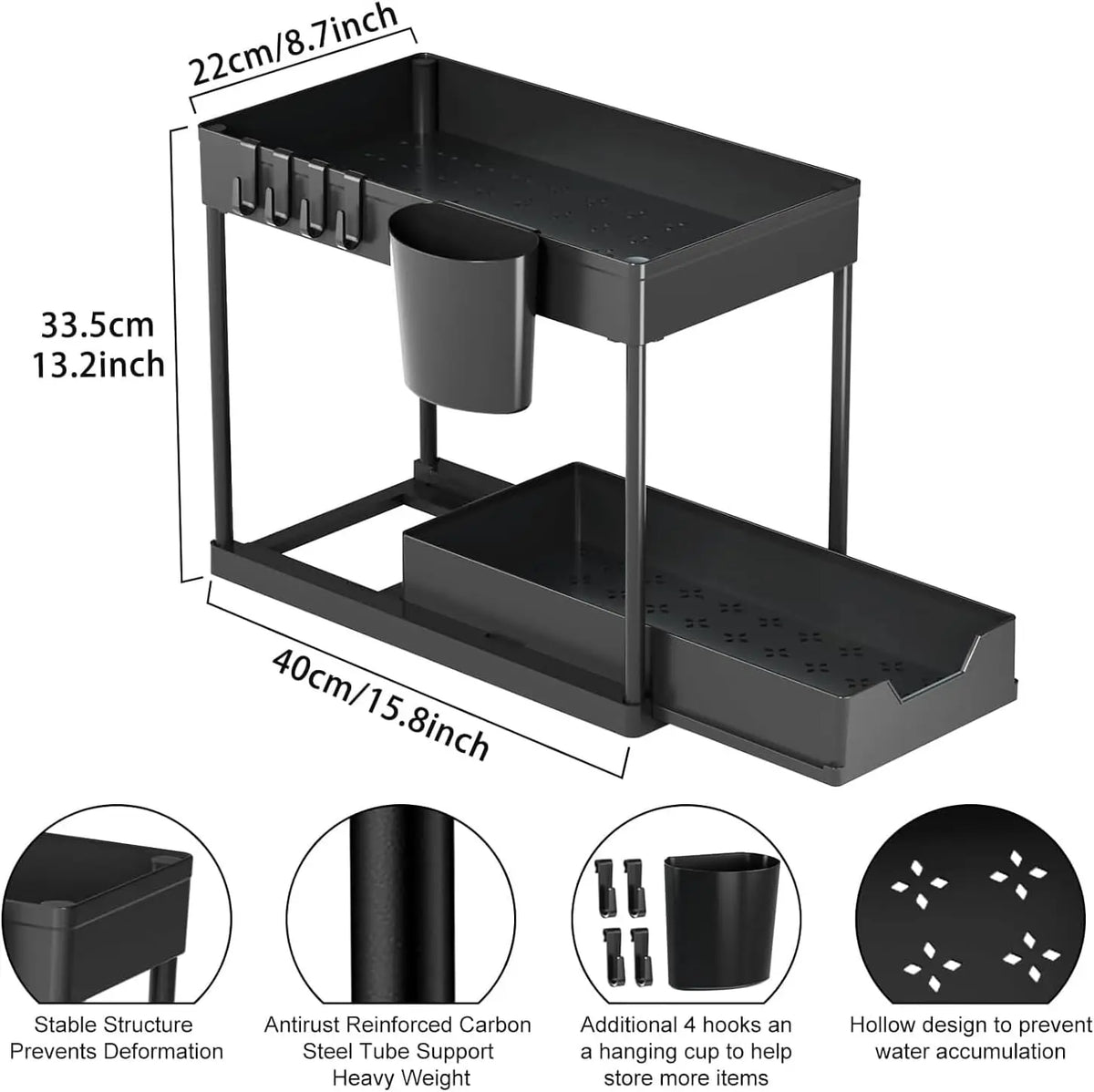 Under Sink Organizers 2 Tier Under Bathroom Cabinet Holder with Hooks & Hanging Cup, Multi-Purpose Storage Shelf for  Kitchen