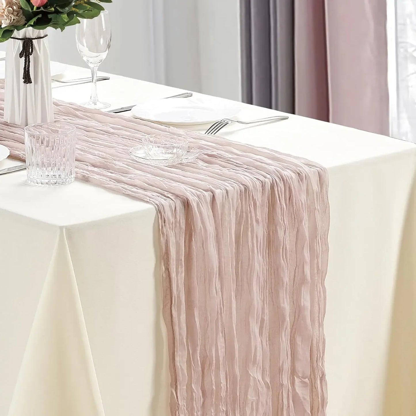 Boho Cheesecloth Table Runner, Semi-Sheer Gauze Fabric Rustic TableRunner for Wedding Bridal Shower Party Banquet