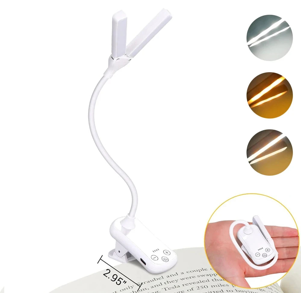Dual Heads 14 LED Touch Control Reading Light with 3 Colors&8 Brightness USB Rechargeable Eye Care Book Light Clip on Book/Desk