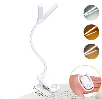 Dual Heads 14 LED Touch Control Reading Light with 3 Colors&8 Brightness USB Rechargeable Eye Care Book Light Clip on Book/Desk