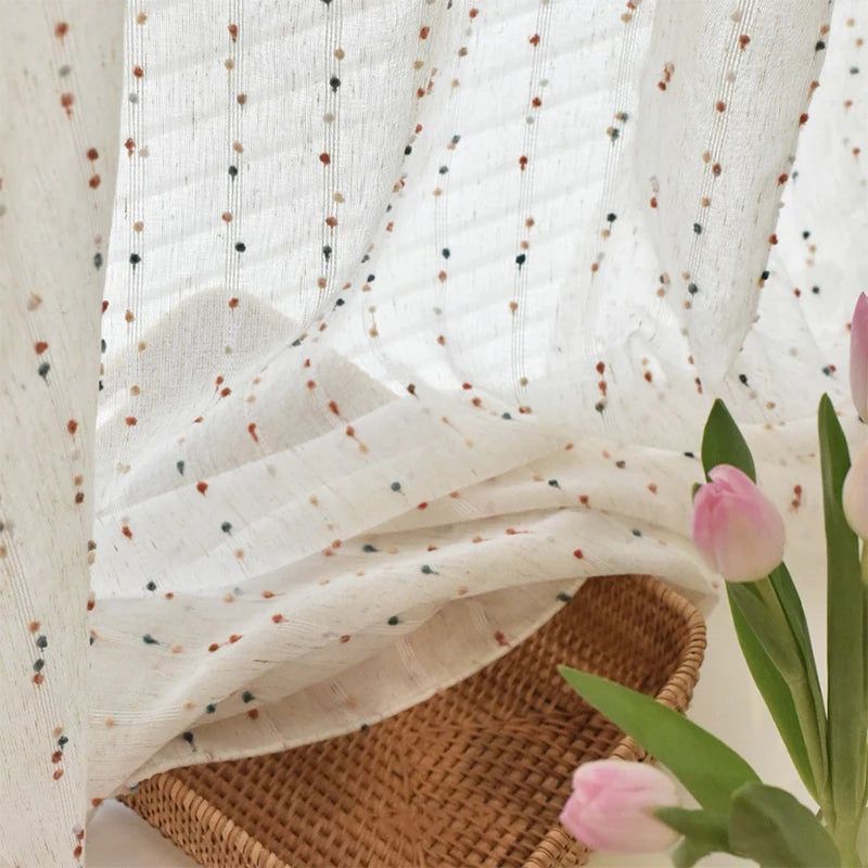 Retro linen-textured sheer curtains with colorful jelly bean pattern, easy to hang, suitable for bedroom and living room