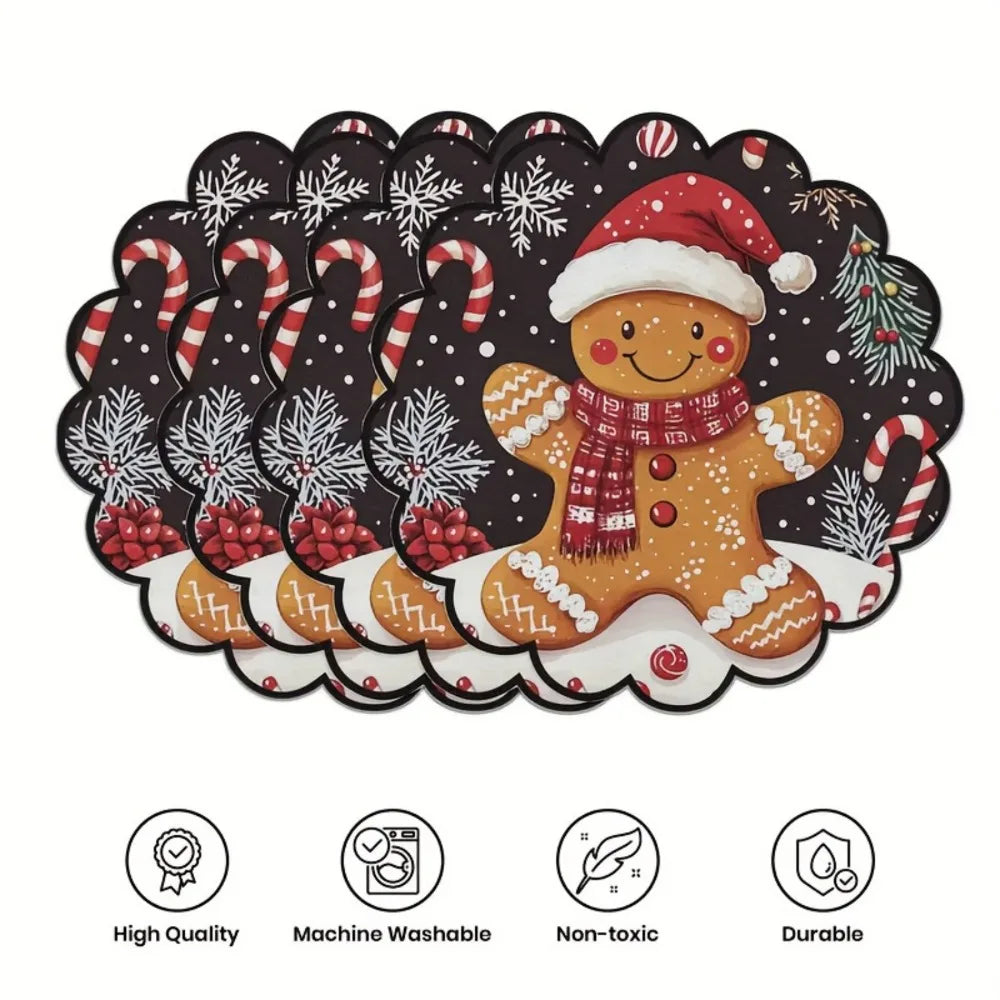 4PCS Christmas Circular Waves Placemats Non Slip Heat Resistant Table Mats Winter Dining Party Christmas Decor Round Tablecloth
