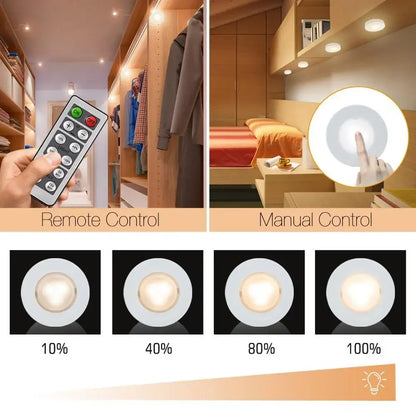 LED Puck Light Wireless Under Cabinet Lights with Remote Control Dimmable Battery Powered Night Lamp for Kitchen Closet Wardrobe