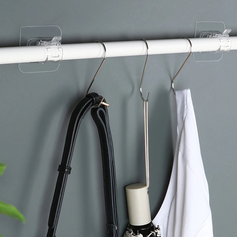 4PCS Adjustable Curtain Rod Holder Clamp Hooks Rod Bracket Holders Adhesive Wall Curtain Fixed Clip Hanging Rack Hook