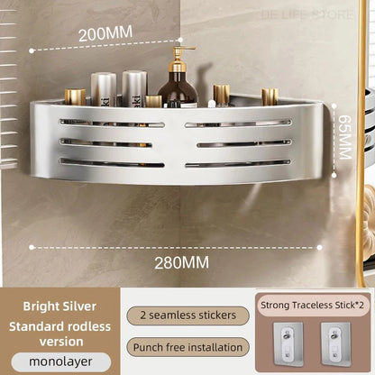 1-2PCS Bathroom Corner Shelf with Plastic Hook Towel Bar No Drill Space Aluminum Shower Storage Rack Bathroom Organizer