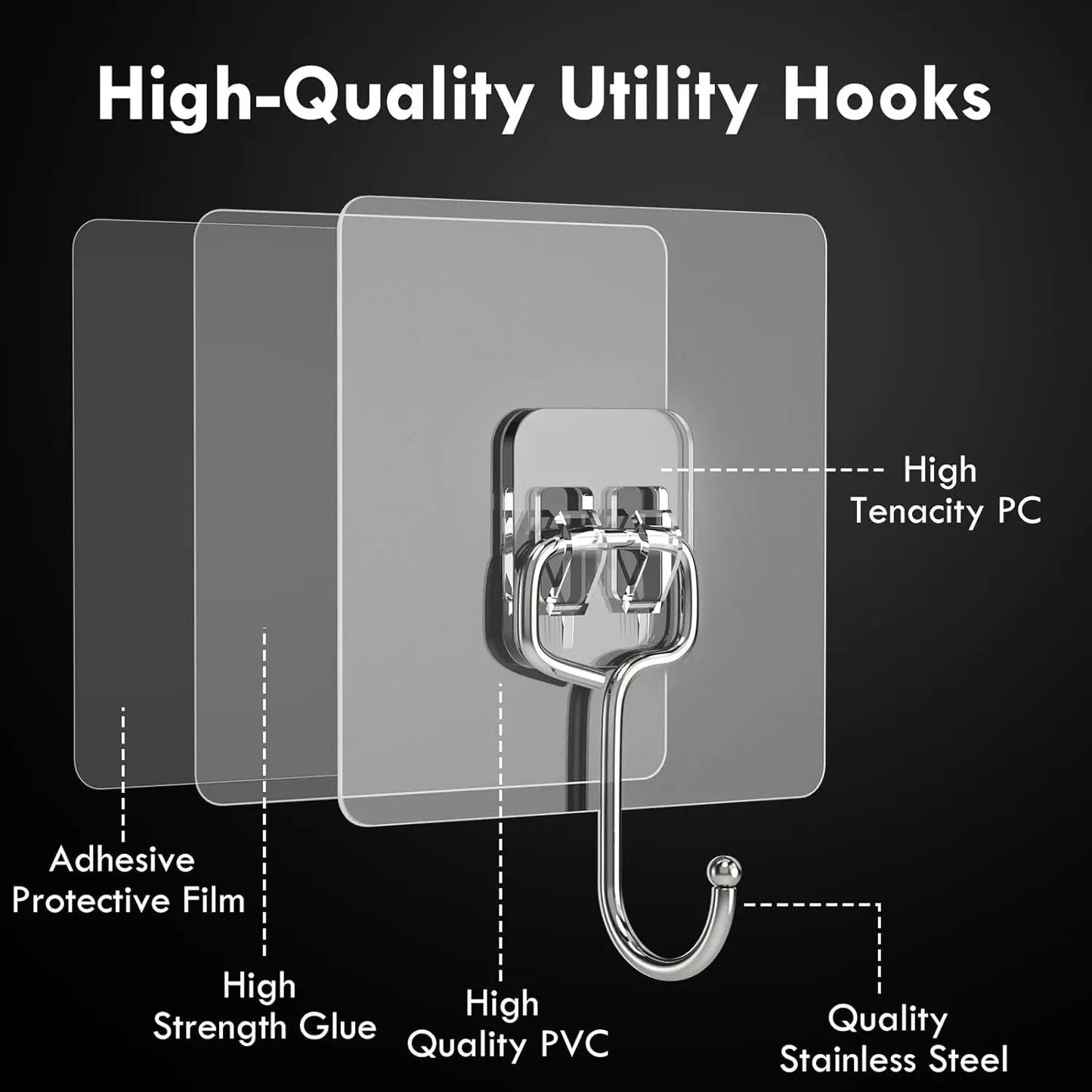 Big Size Hook Self-Adhesive PVC & Stainless Steel Transparent Multi-Purpose Wall Holder Door Rack Kitchen Storage Organizer Home