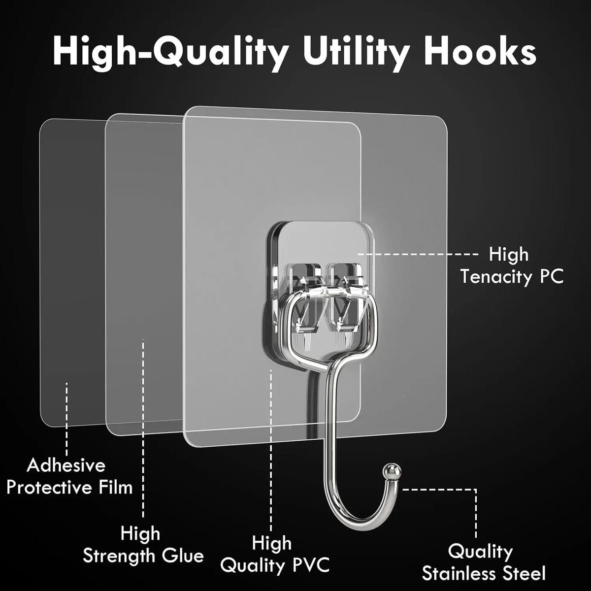 Big Size Hook Self-Adhesive PVC & Stainless Steel Transparent Multi-Purpose Wall Holder Door Rack Kitchen Storage Organizer Home