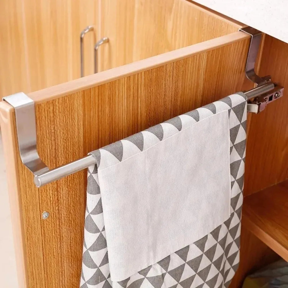 Stainless Steel Towel Rod, No Punched Door Hanging Towel Rack, Bathroom and Kitchen Towel Storage, Durable Space-saving Rack