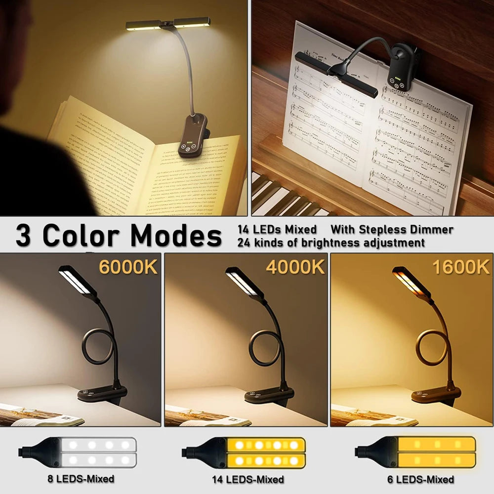 Dual Heads 14 LED Touch Control Reading Light with 3 Colors&8 Brightness USB Rechargeable Eye Care Book Light Clip on Book/Desk