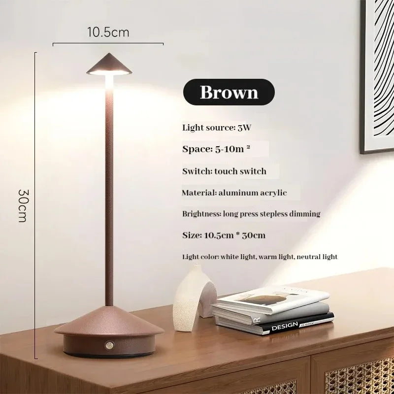 Rechargeable Cone Head Touch Sensor LED Table Lamp - 3 CCT Stepless Dimming for Restaurant Hotel Bedroom Bar Home Decor