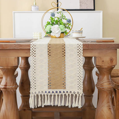 Boho Farmhouse Linen Table Runner with Tassels–Rustic Macrame, Burlap & Cotton Blend for Summer Home Decor and Holiday Events