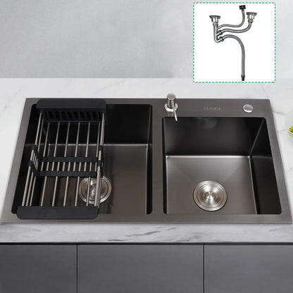 Stainless Steel Kitchen Sink Double Bowl Inset Basket W/Drainer + Soap Dispenser