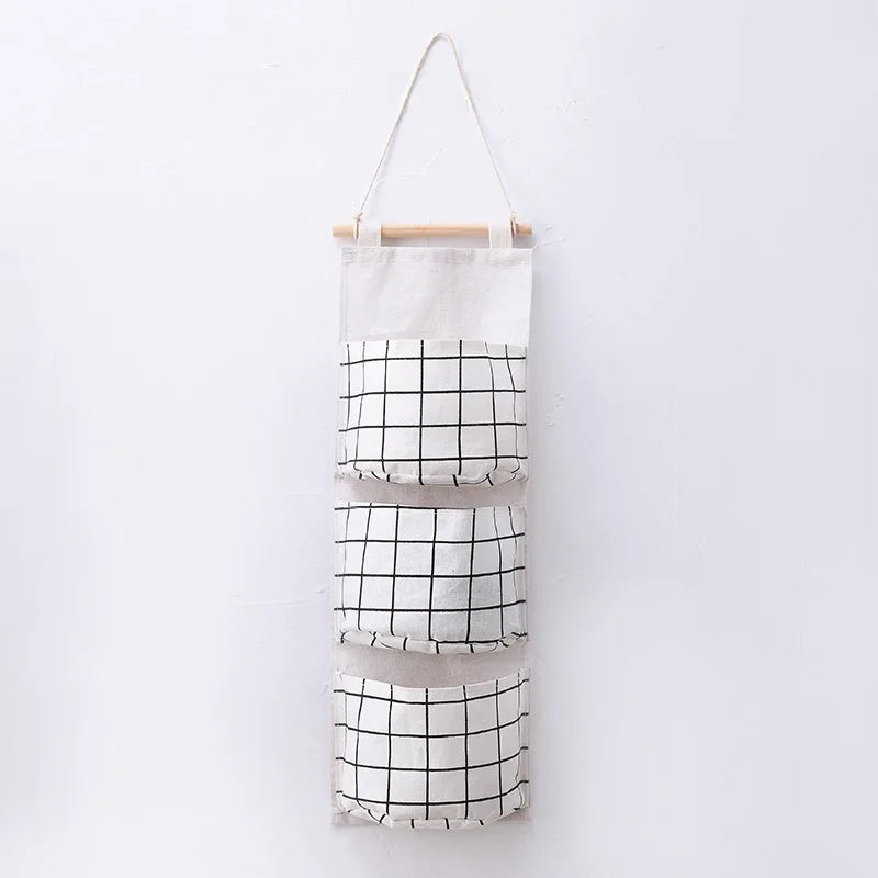 1PC Three Pockets Hanging Wall Storage Bag Household Bedroom Living Room Kitchen Cotton Linen Storage Bag