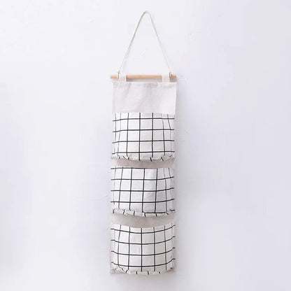 1PC Three Pockets Hanging Wall Storage Bag Household Bedroom Living Room Kitchen Cotton Linen Storage Bag